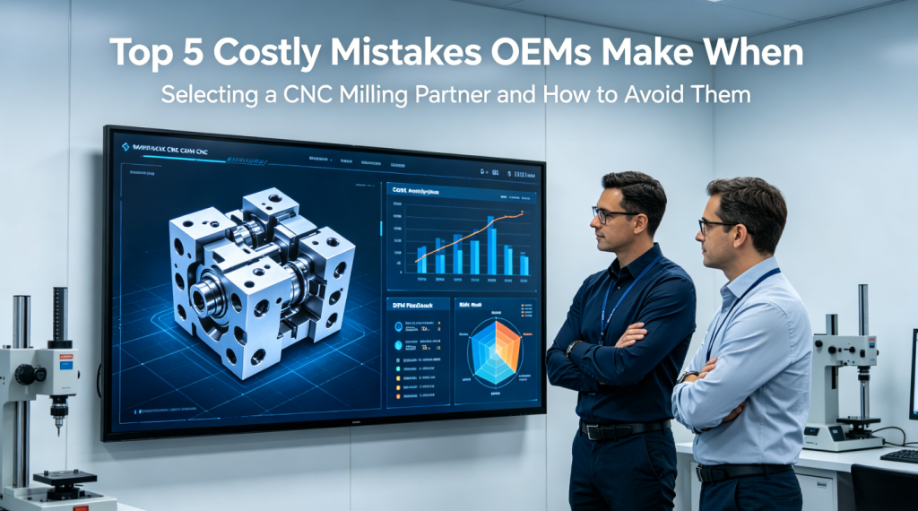 A hyper-realistic photo of an OEM engineer and a supplier engineer collaboratively reviewing a complex 3D CNC machined part model, detailed cost analysis, and DFM feedback on a large touchscreen in a modern R&D hub, with the article title overlaid.