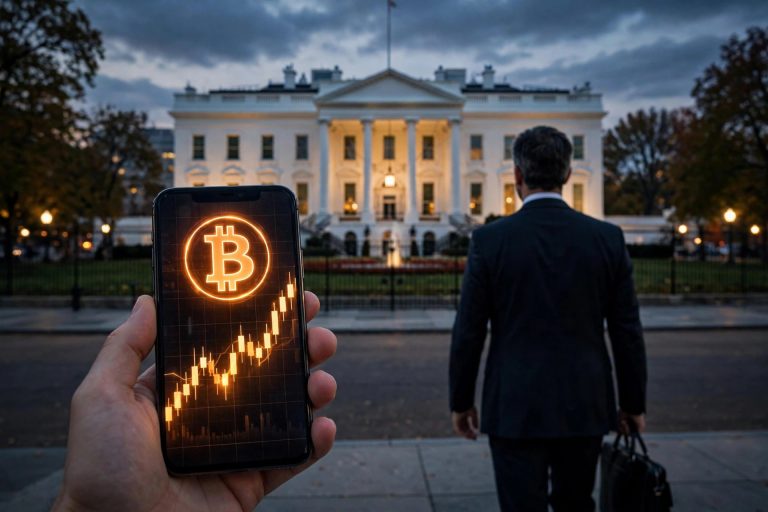 White House Crypto Chief Departs as Landmark CLARITY Act Stalls in the Senate The White House at dusk with a cryptocurrency chart on a smartphone in the foreground